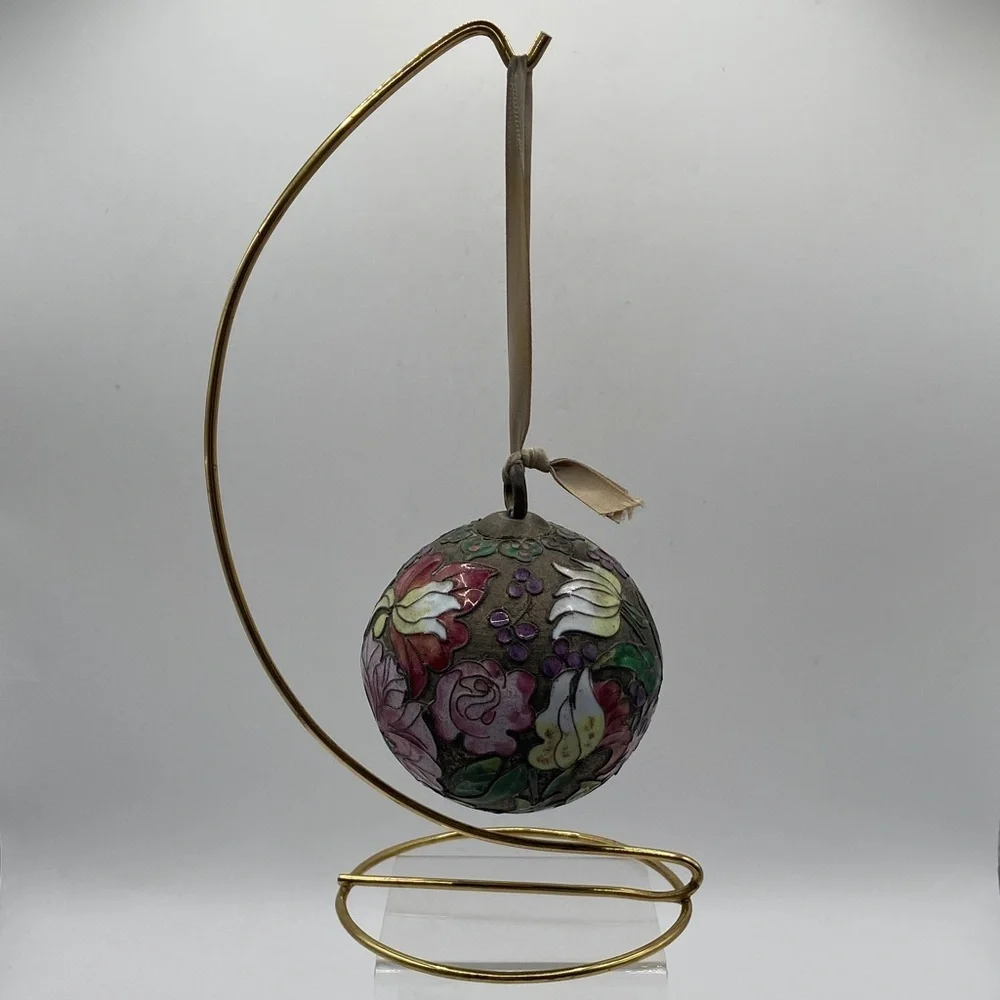 Vintage Enamel Cloisonné Egg Ornament With Ribbon Tie  And Stand